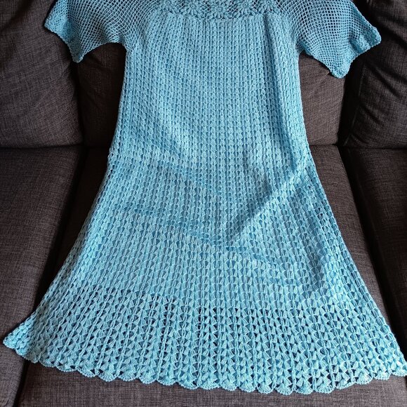 Rare Vintage Blue Crochet Mini Dress Boho Floral Fishnet Sleeves XS/S - Picture 2 of 15